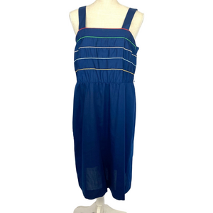 Vintage 70s 80s Retro Midi Dress Blue With Rainbow Piping Sleeveless Women's 14